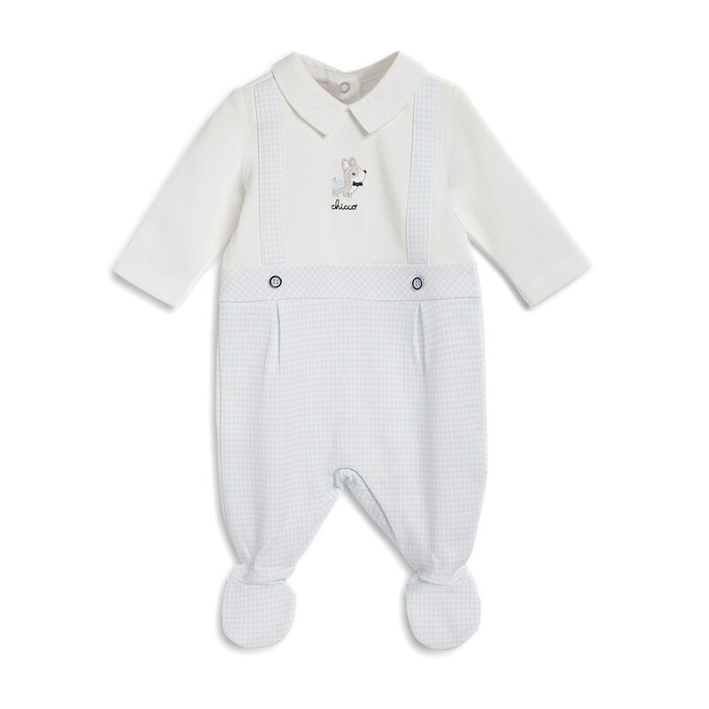 Boys White and Light Blue Applique Leg Opening Babysuit image number 0